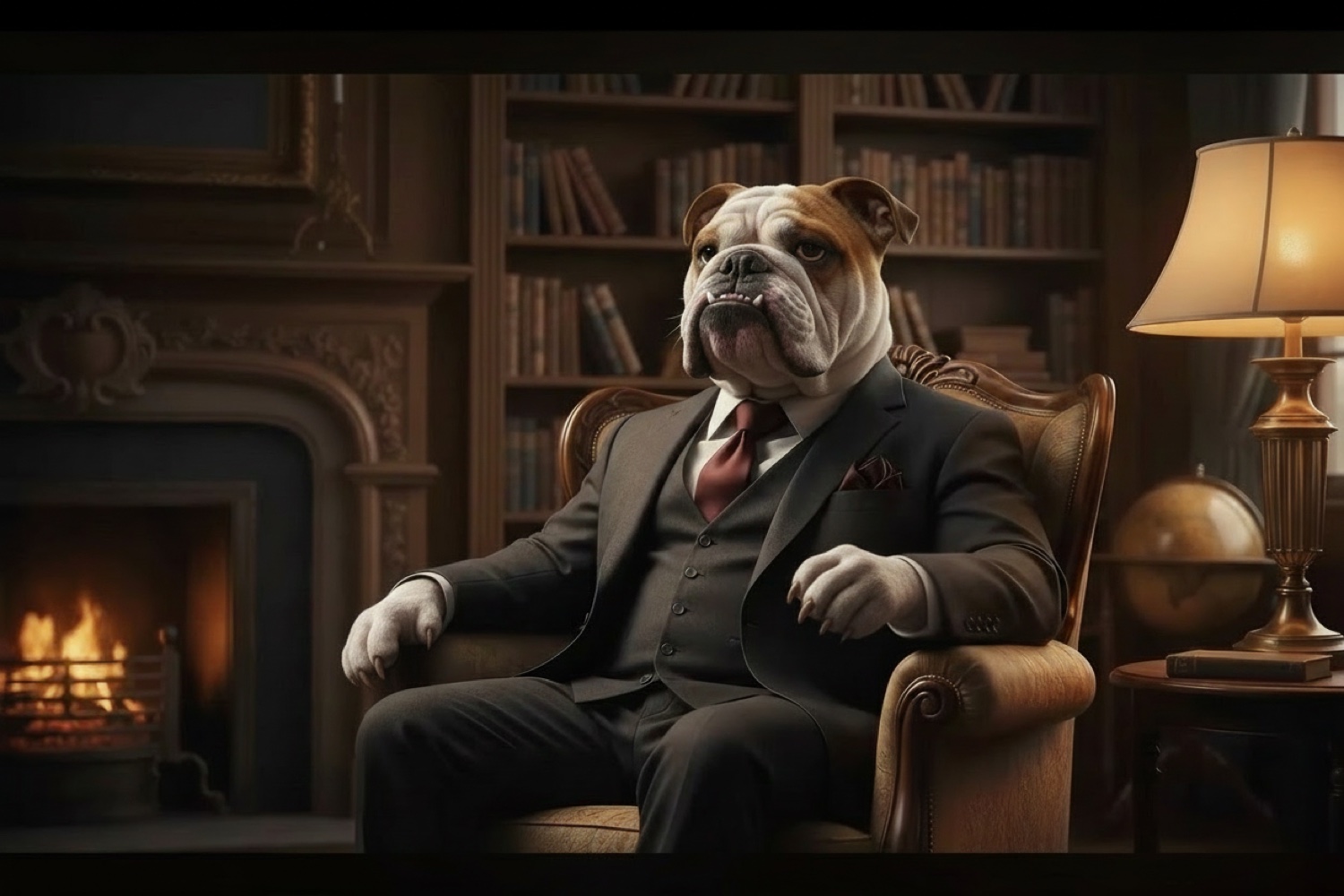 DogFather concept, an English bulldog don in a three-piece suit by the fire
