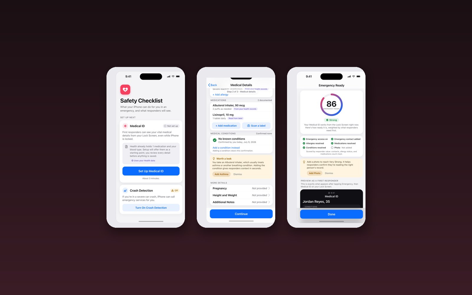 Three reimagined Apple Health Medical ID screens floating on a deep warm gradient