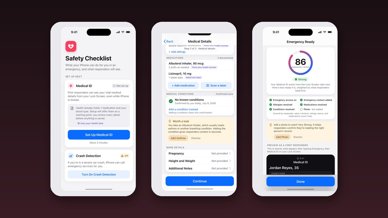 Three reimagined Apple Health Medical ID screens floating on a deep warm gradient