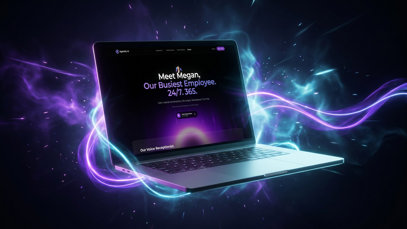 Agentify AI Meet Megan voice demo on a laptop, spectral neon brand visual