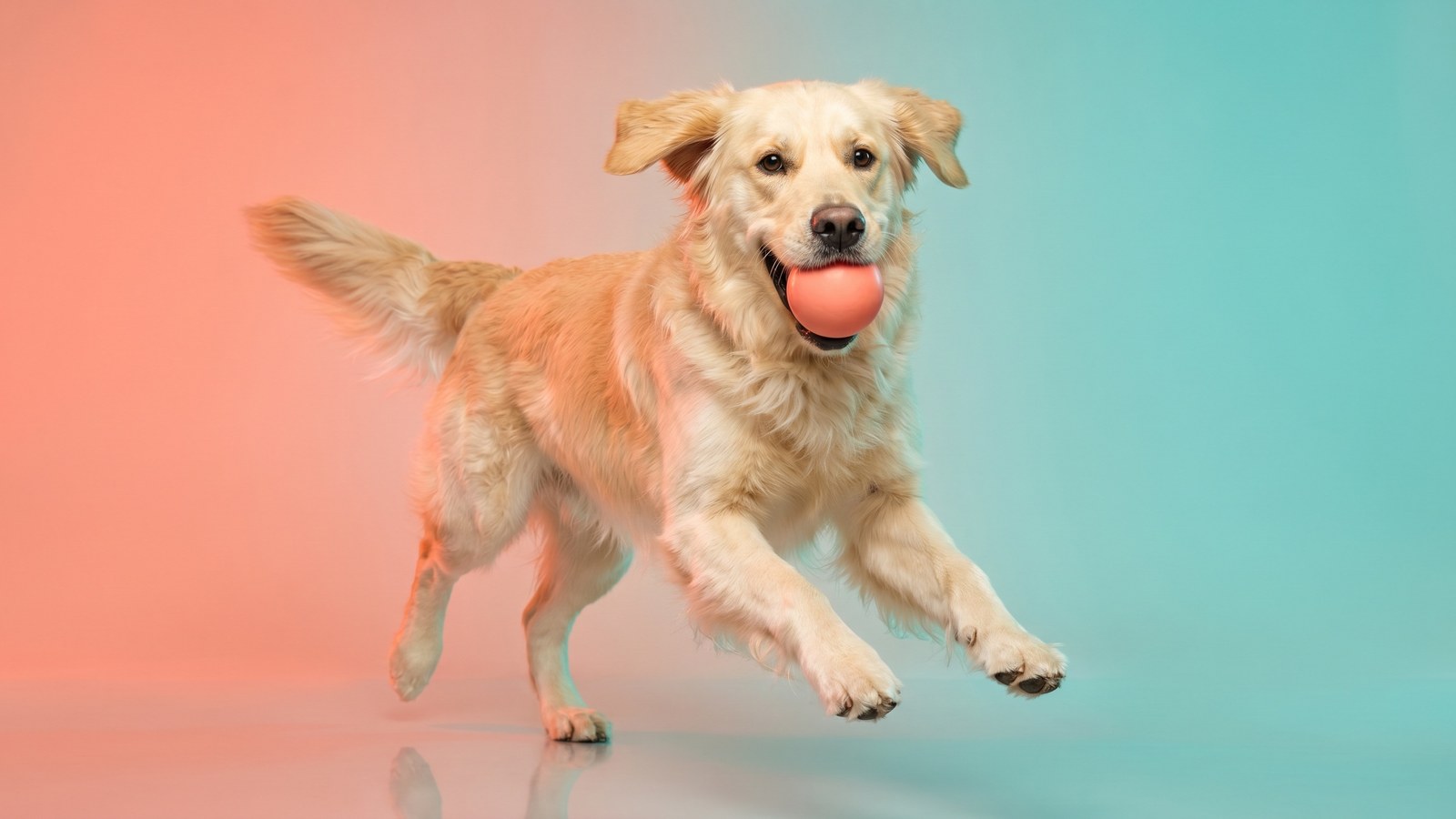 BarkBox concept, an overjoyed dog mid-leap with a plush toy on a coral and teal backdrop