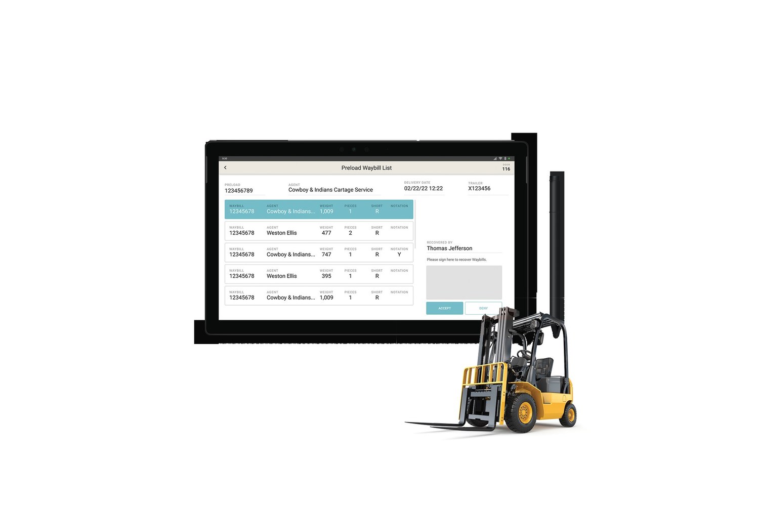 Forward Air TAP preload waybill app on a tablet with a forklift on the dock