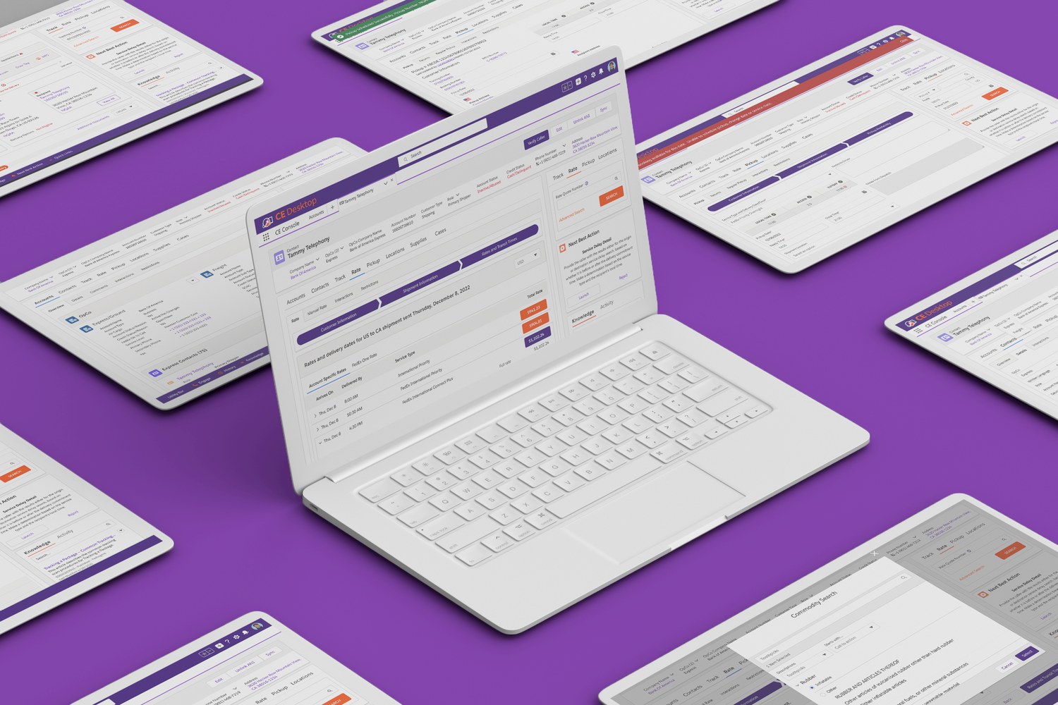 FedEx Customer Experience Desktop on laptop with Salesforce console screens