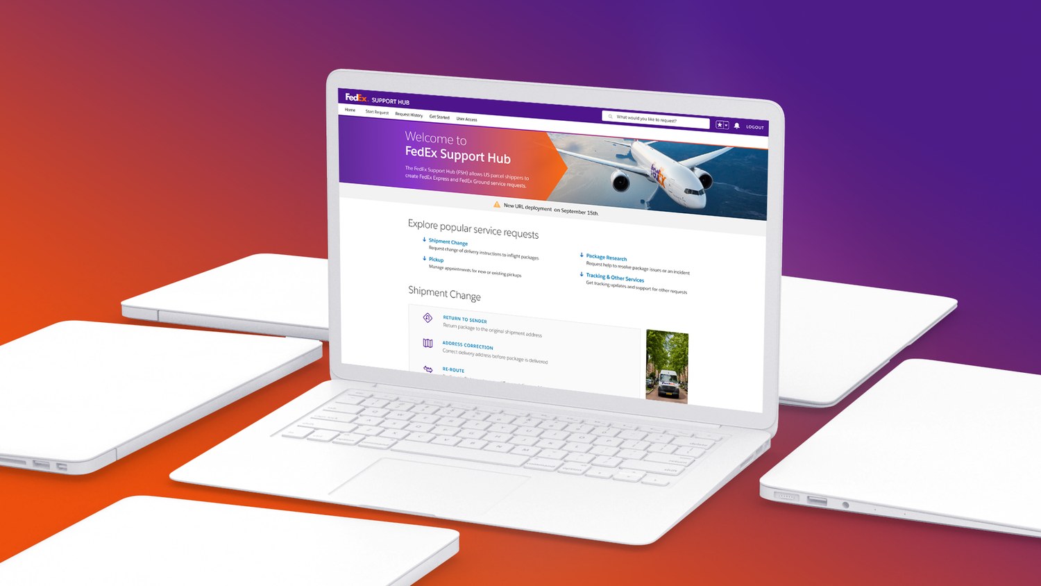 FedEx Support Hub portal on a laptop with floating device screens