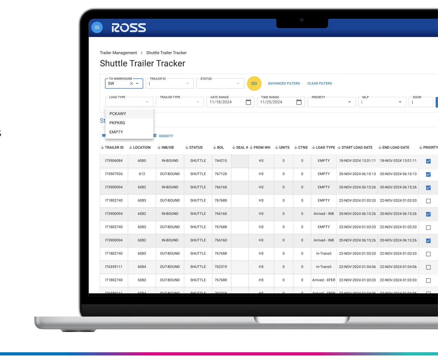 Ross RDM Shuttle Trailer Tracker app on a MacBook