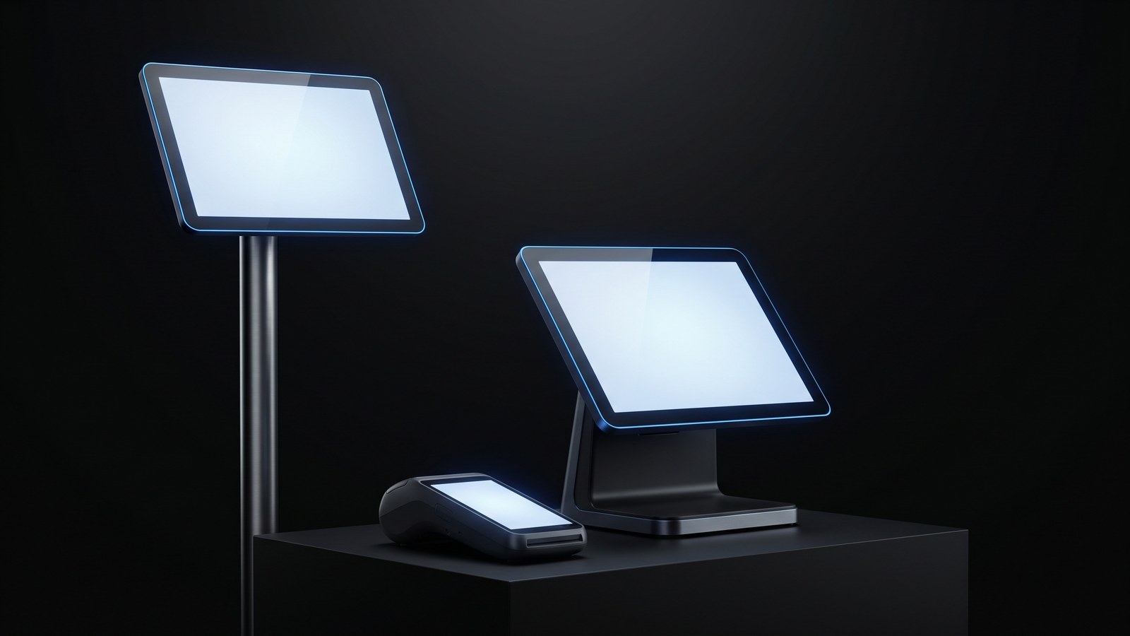 Square for Restaurants hardware trio concept render on a dark studio plinth with electric blue rim light