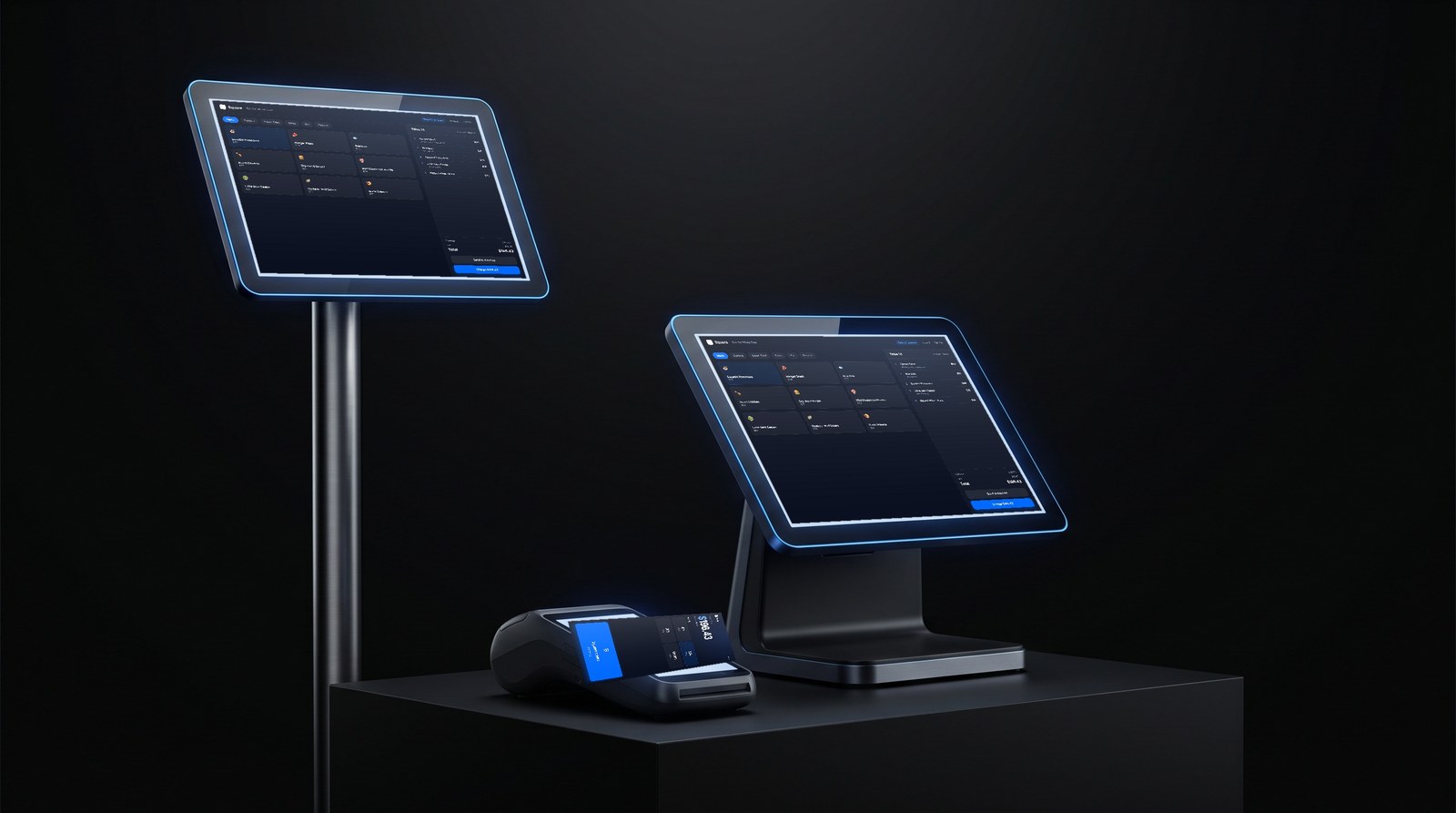 Square for Restaurants hardware trio running the live POS interface on a dark studio plinth with electric blue rim light
