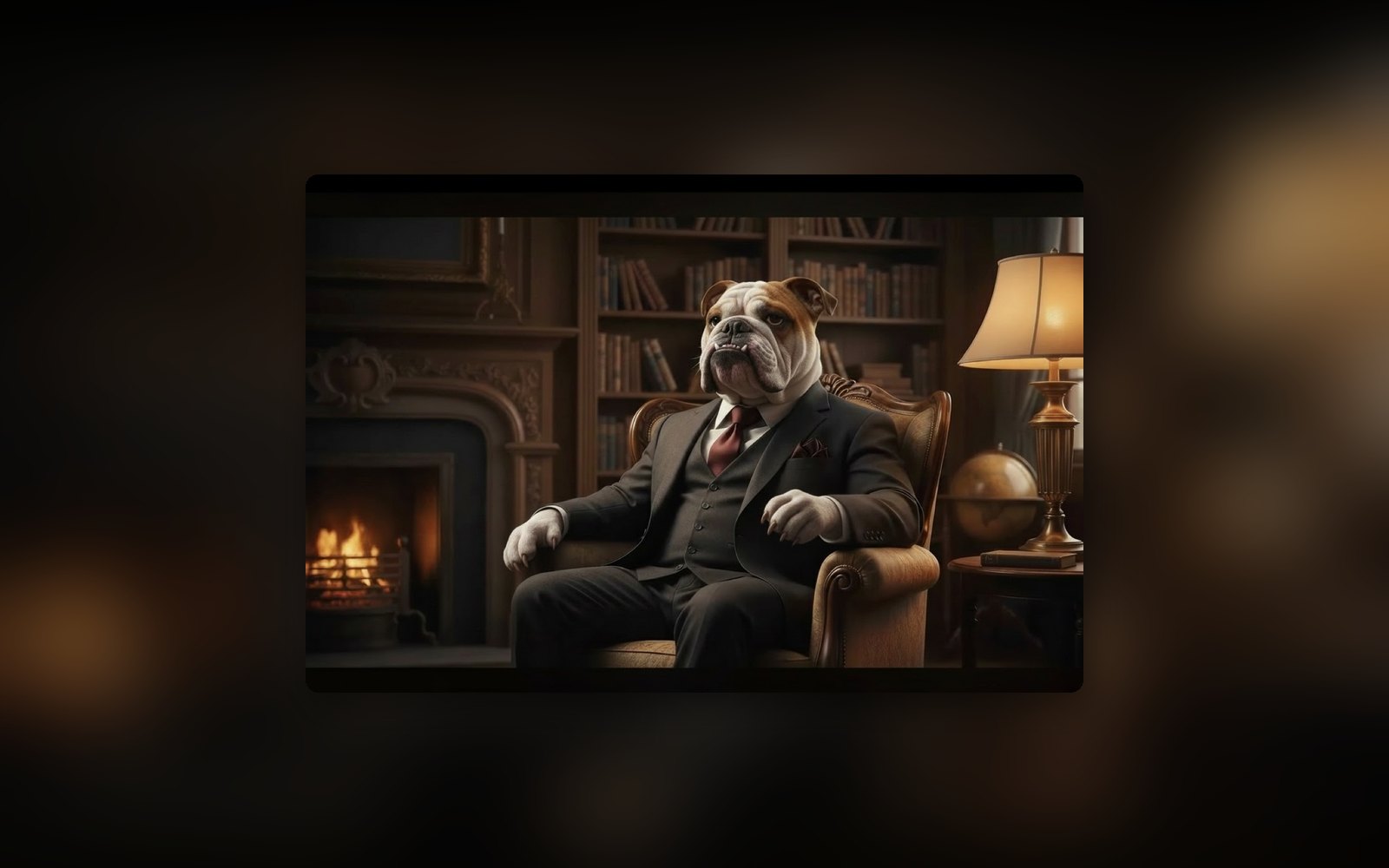 DogFather concept, an English bulldog don in a three-piece suit by the fire