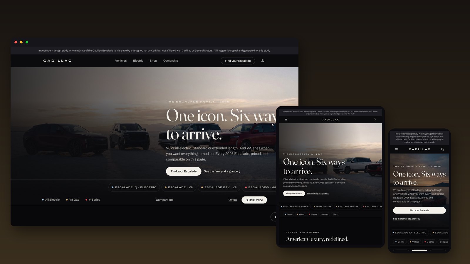 Reimagined Cadillac Escalade page shown on desktop, tablet, and phone