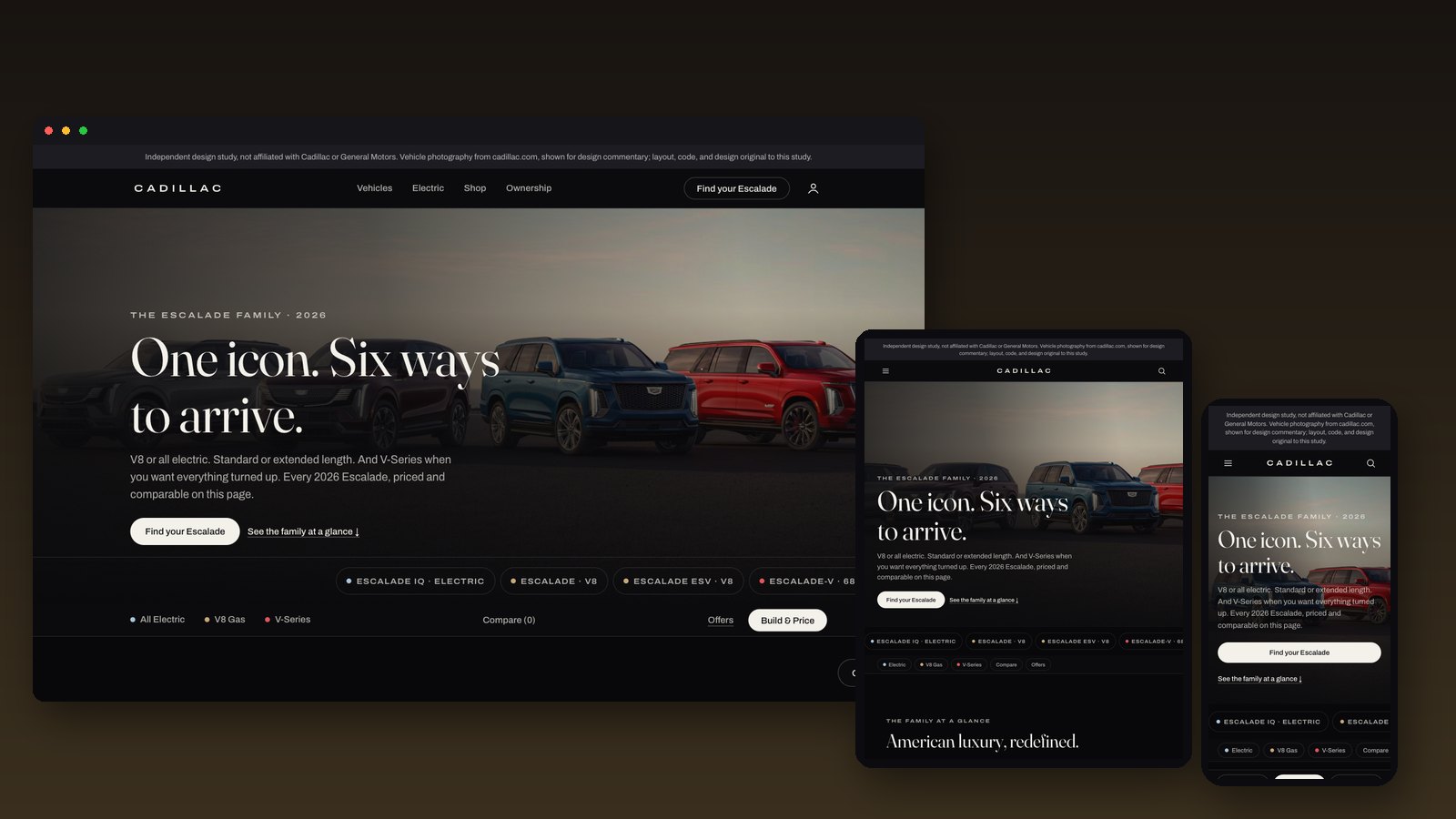 Reimagined Cadillac Escalade page shown on desktop, tablet, and phone
