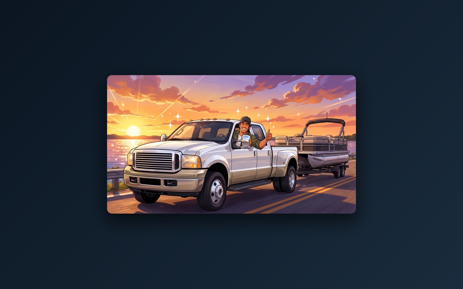 JL Marine Transport: comic-style Jim giving a thumbs-up from his two-tone dually with a pontoon in tow