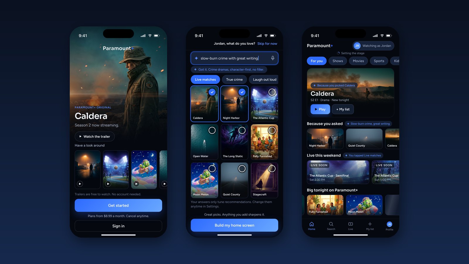Three reimagined Paramount Plus onboarding screens floating on a deep navy gradient