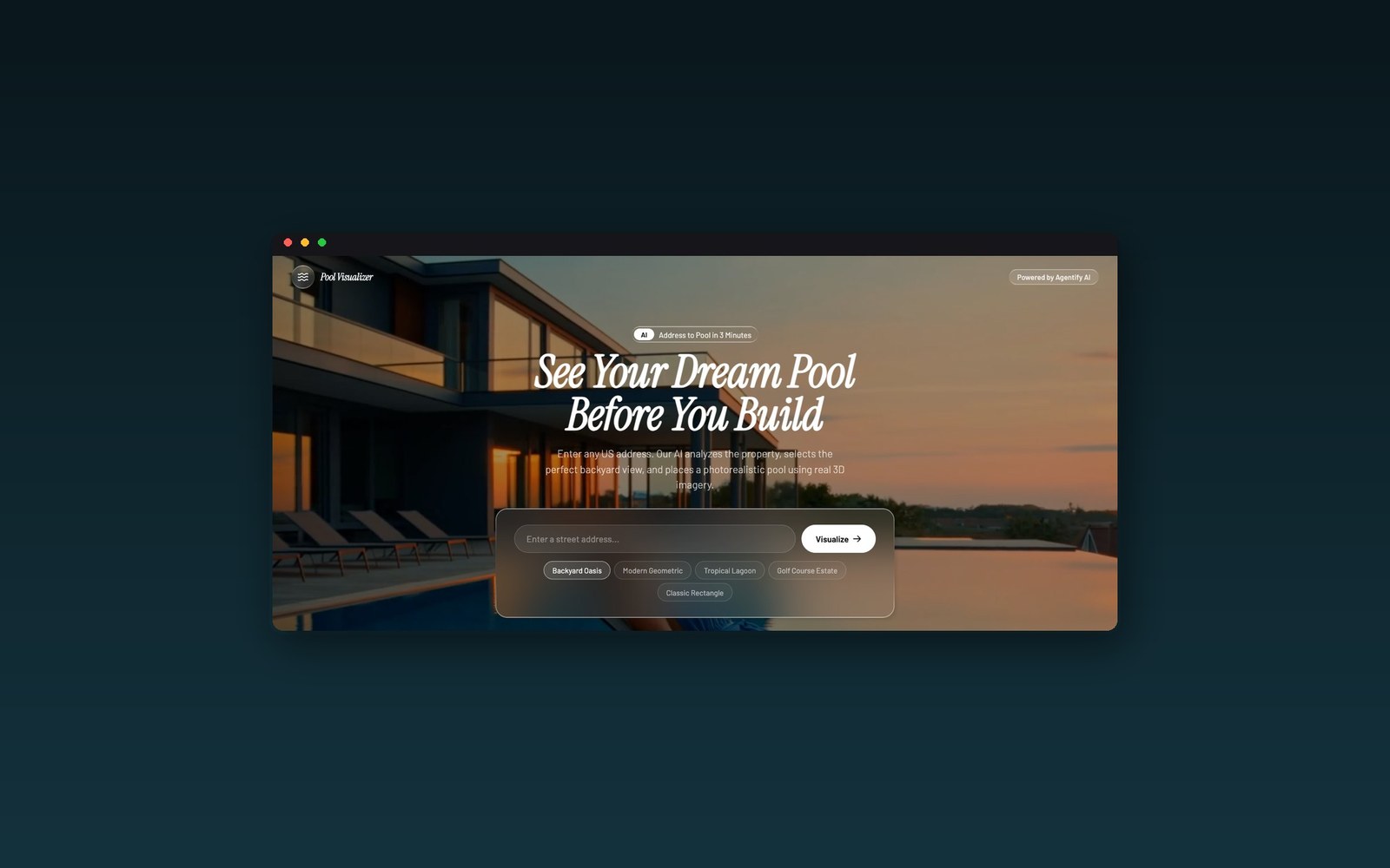 The Pool Visualizer product: See Your Dream Pool Before You Build, the live web app at sunset