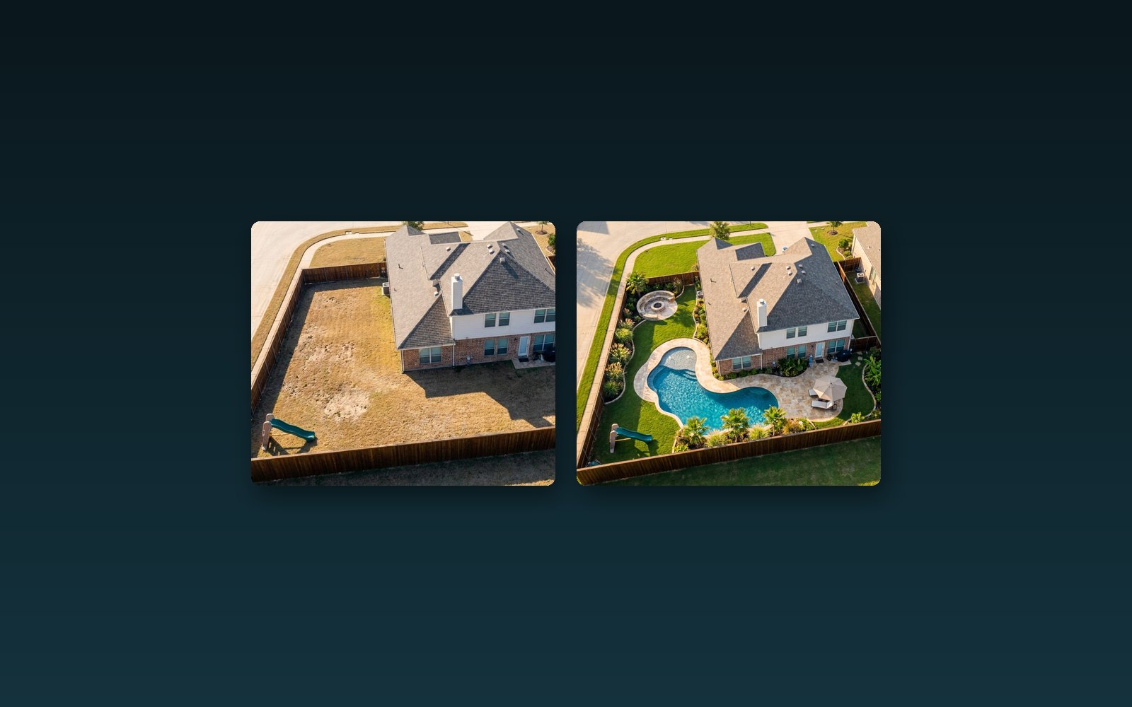 Pool Visualizer before and after: a plain backyard beside the same yard with an AI visualized pool oasis