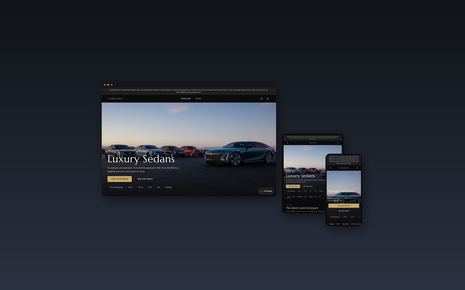 Reimagined Cadillac Luxury Sedans page shown on desktop, tablet, and phone