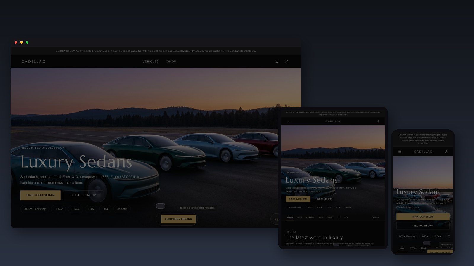 Reimagined Cadillac Luxury Sedans page shown on desktop, tablet, and phone