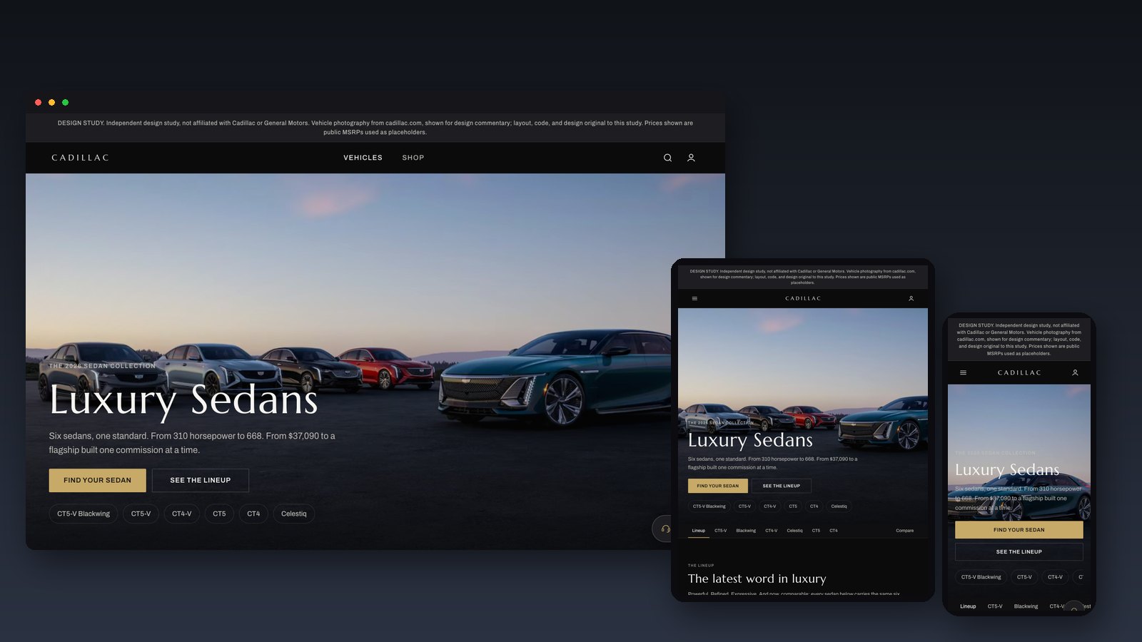 Reimagined Cadillac Luxury Sedans page shown on desktop, tablet, and phone