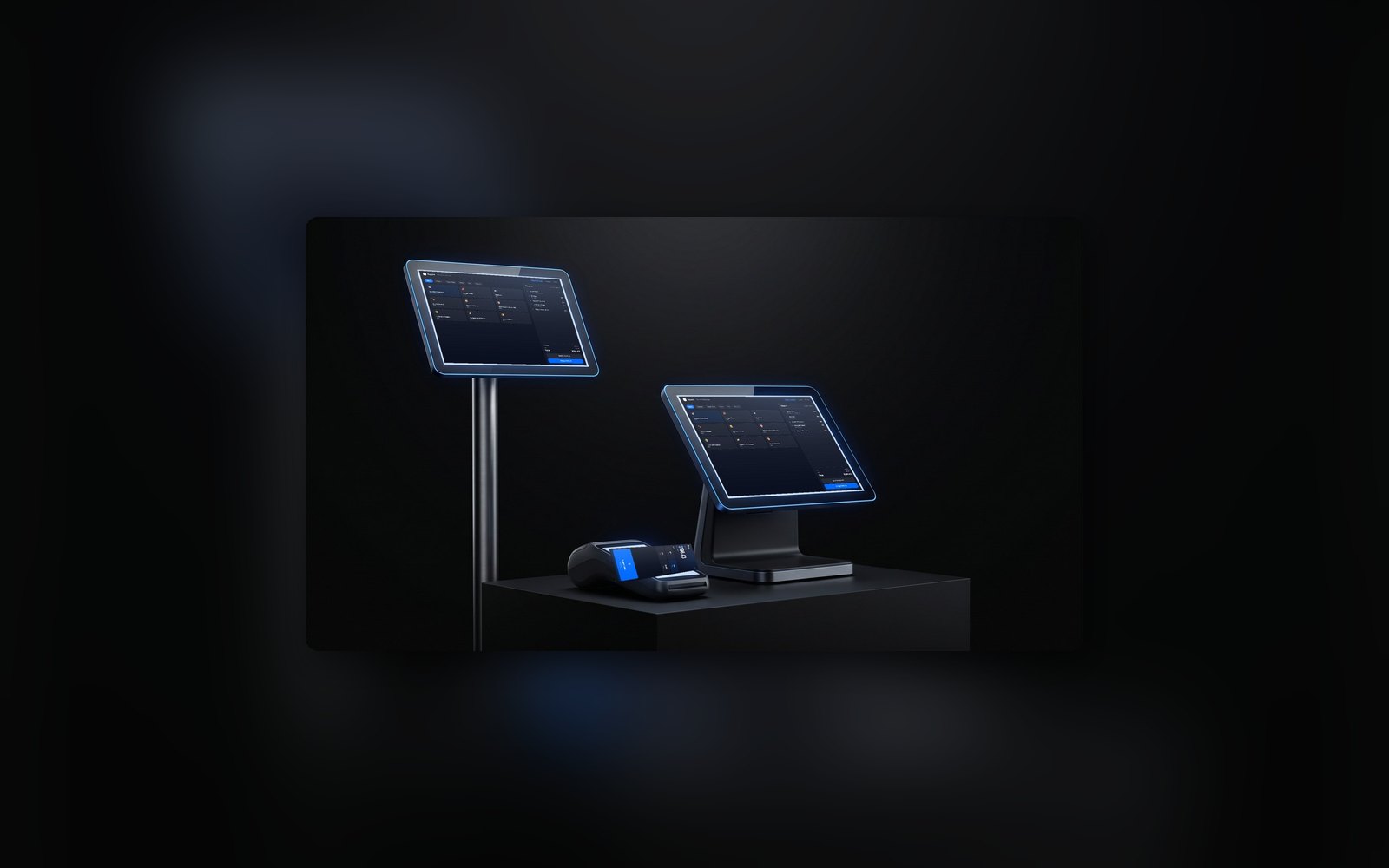 Square for Restaurants hardware trio running the live POS interface on a dark studio plinth with electric blue rim light