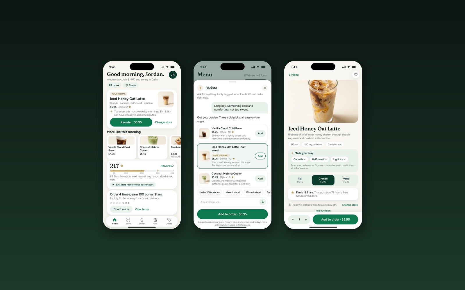 Three reimagined Starbucks ordering screens floating on a deep green gradient