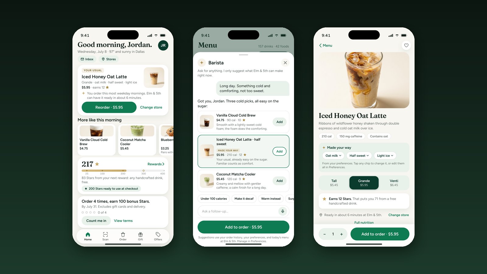 Three reimagined Starbucks ordering screens floating on a deep green gradient