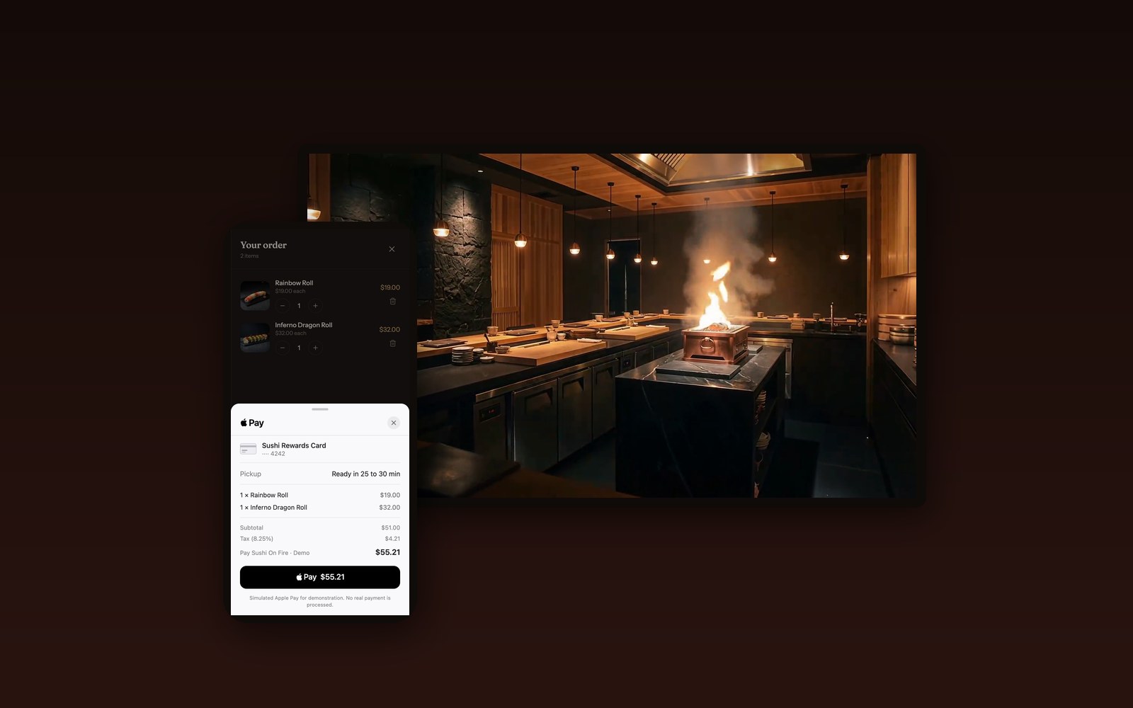 Sushi On Fire: the simulated Apple Pay sheet on a phone in front of the cinematic dining room hero
